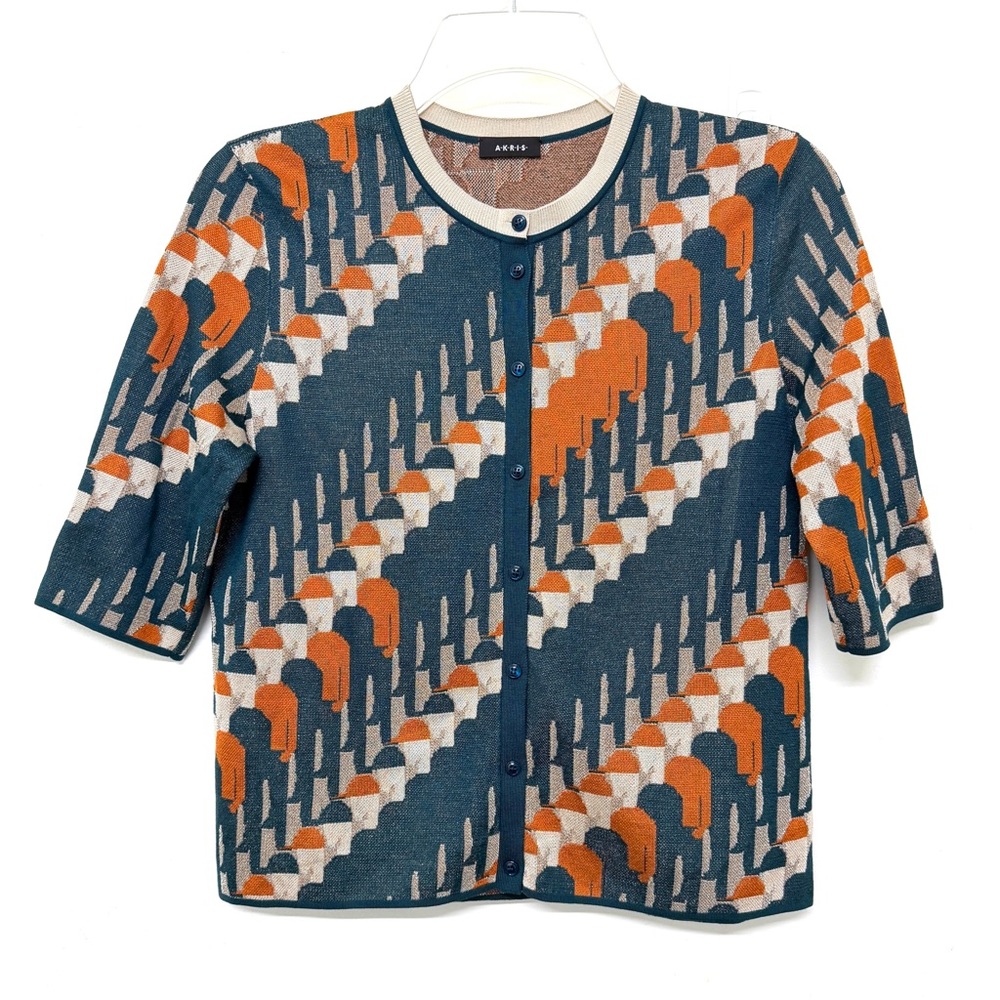 Akris Jockey Silk Cardigan Sweater Soldier Men Print Teal Blue Orange 6